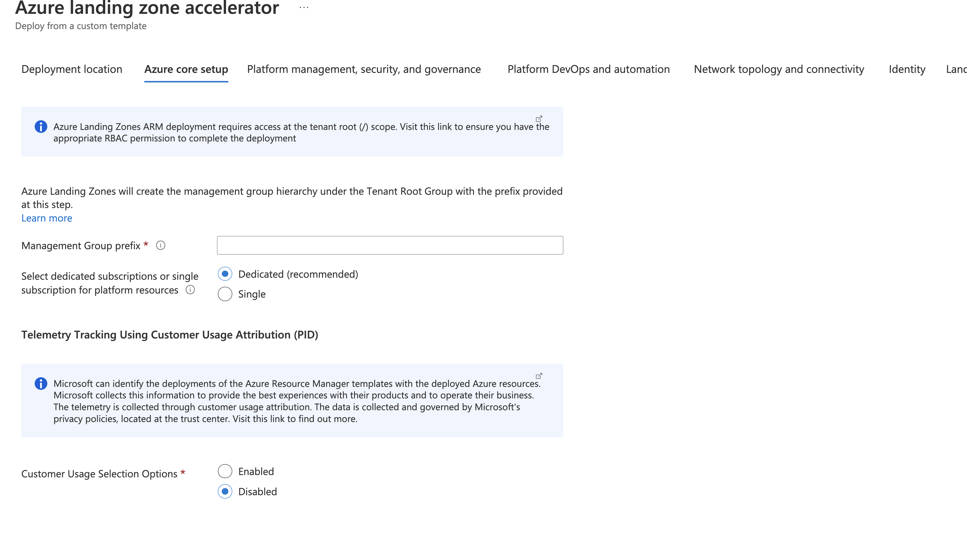 ESLZ ARM Template Telemetry Opt Out Toggle Control Disabled