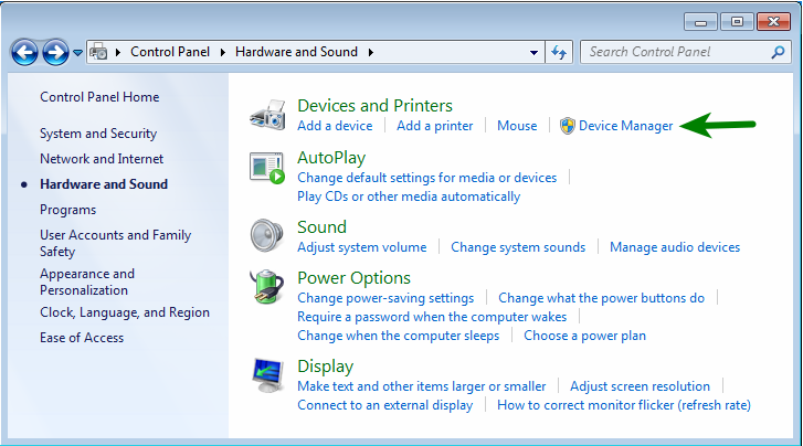 Control Panel > Hardware and Sound > Device Manager