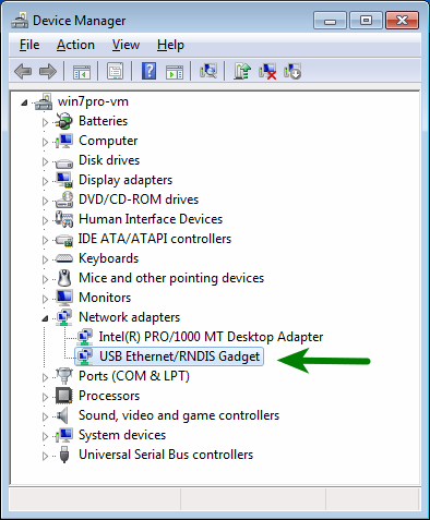 Device Manager > Network Adapters > USB Ethernet/RNDIS Gadget