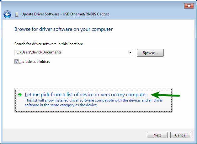 Update Driver Software - USB Ethernet/RNDIS Gadget > Let me pick from a list of device drivers on my computer