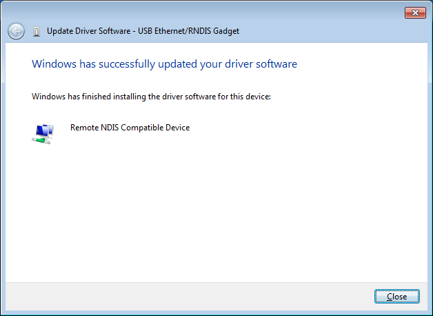 Update Driver Software - USB Ethernet/RNDIS Gadget > Windows has successfully updated your driver software