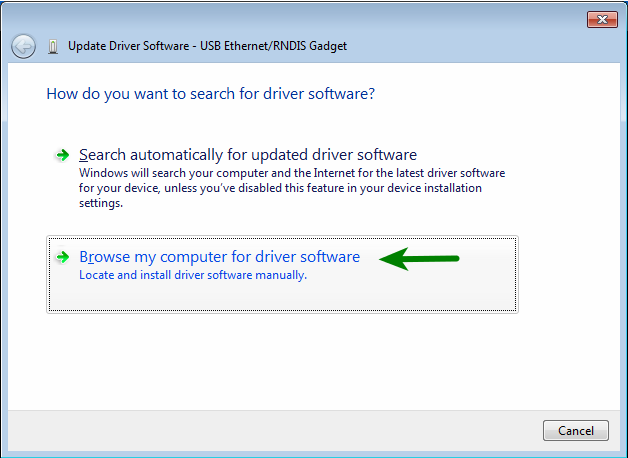 Update Driver Software - USB Ethernet/RNDIS Gadget > Browse my computer for driver software