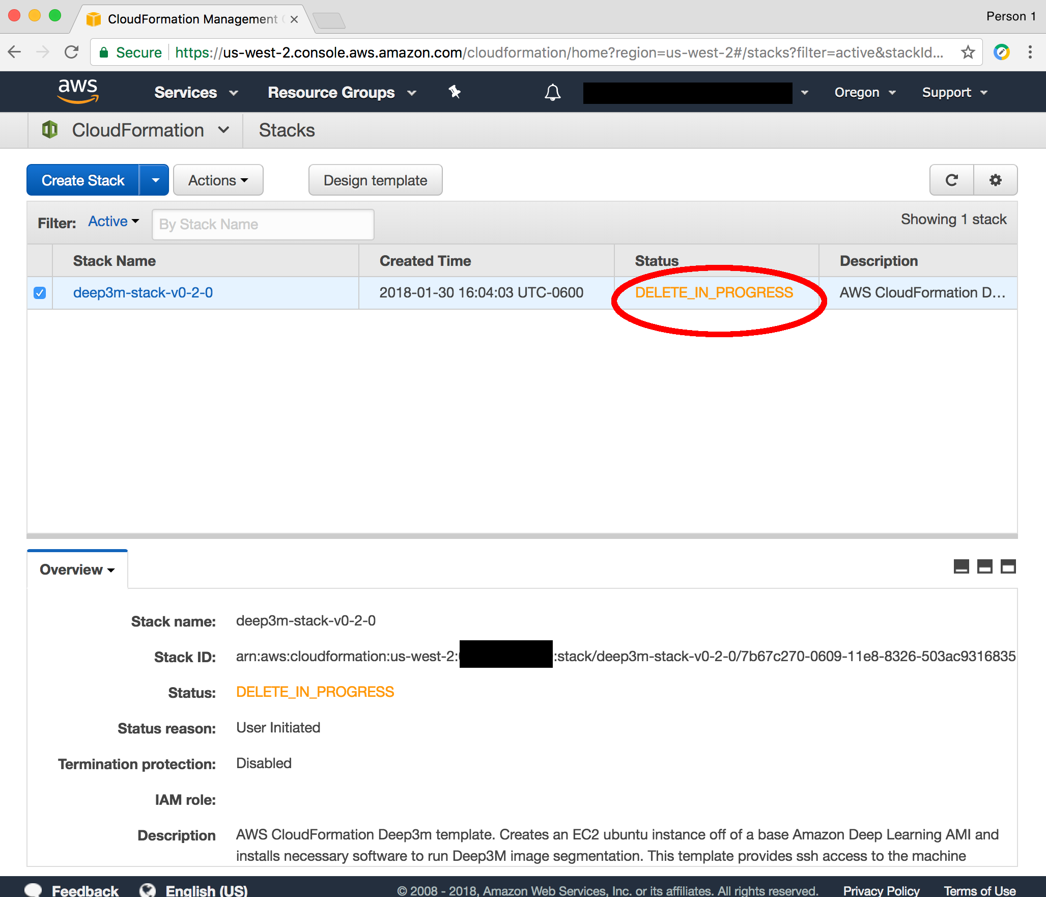 Delete Stack in progress in CloudFormation console