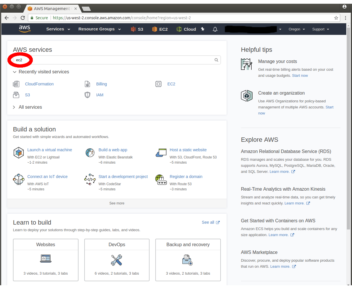 Searching for ec2 in via AWS Services search bar on AWS Management Console landing page