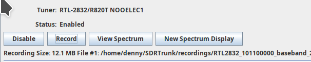 Image of the tuner editor's buttons panel containing Enable, Disable, Record, View Spectrum, and New Spectrum Display buttons