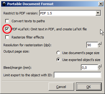 The settings for exporting a PDF file in Inkscape.