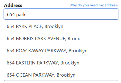 Screenshot of an address field with a partial address typed in it, and a drop-down menu with autocomplete suggestions