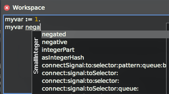 A picture showing the Autocompletion correctly guessing the class of a variable created in the Workspace