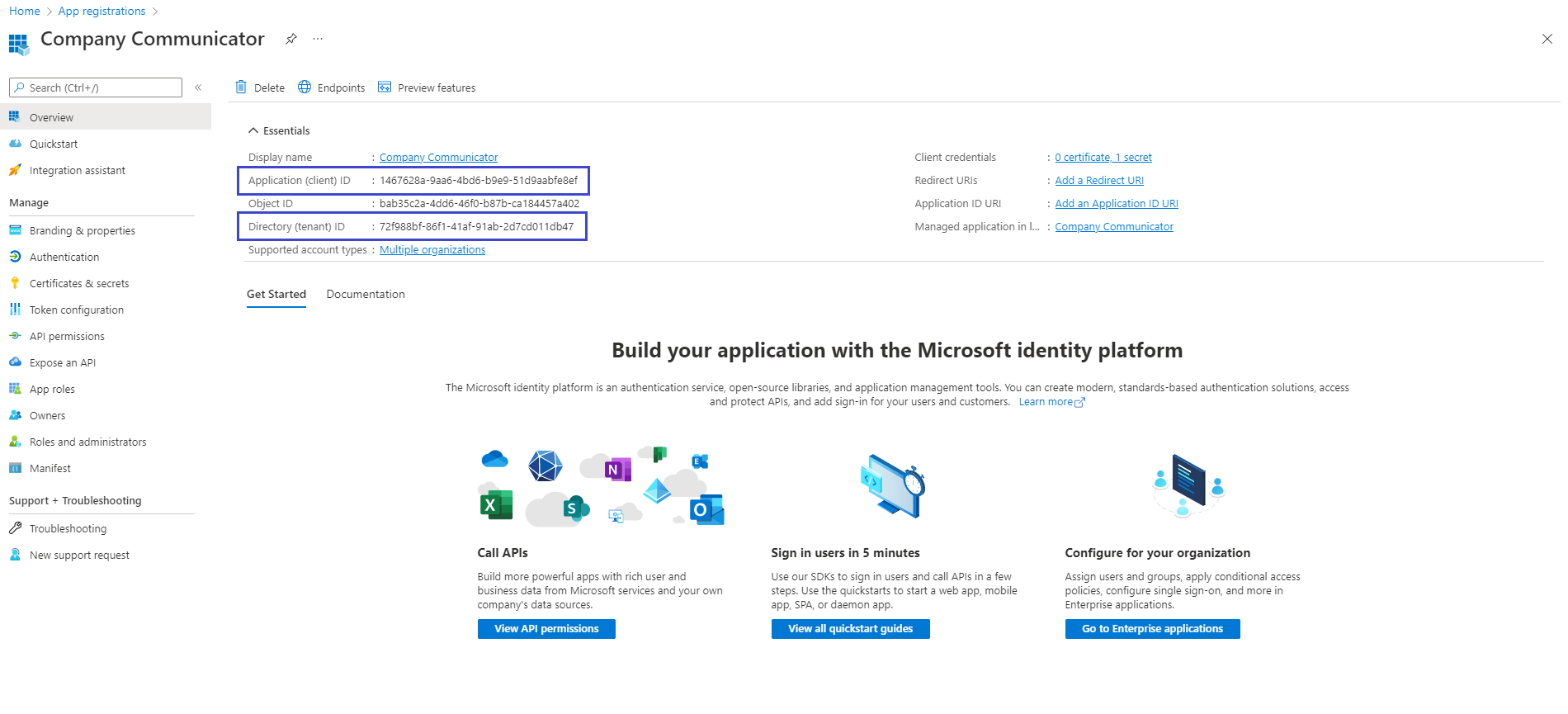 Azure AD app overview page