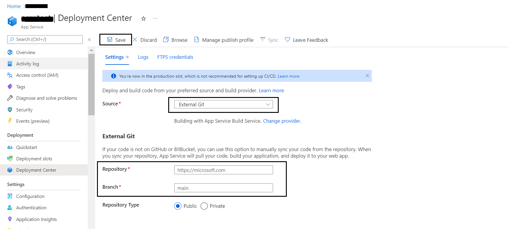 Screenshot of troubleshooting app service deployment