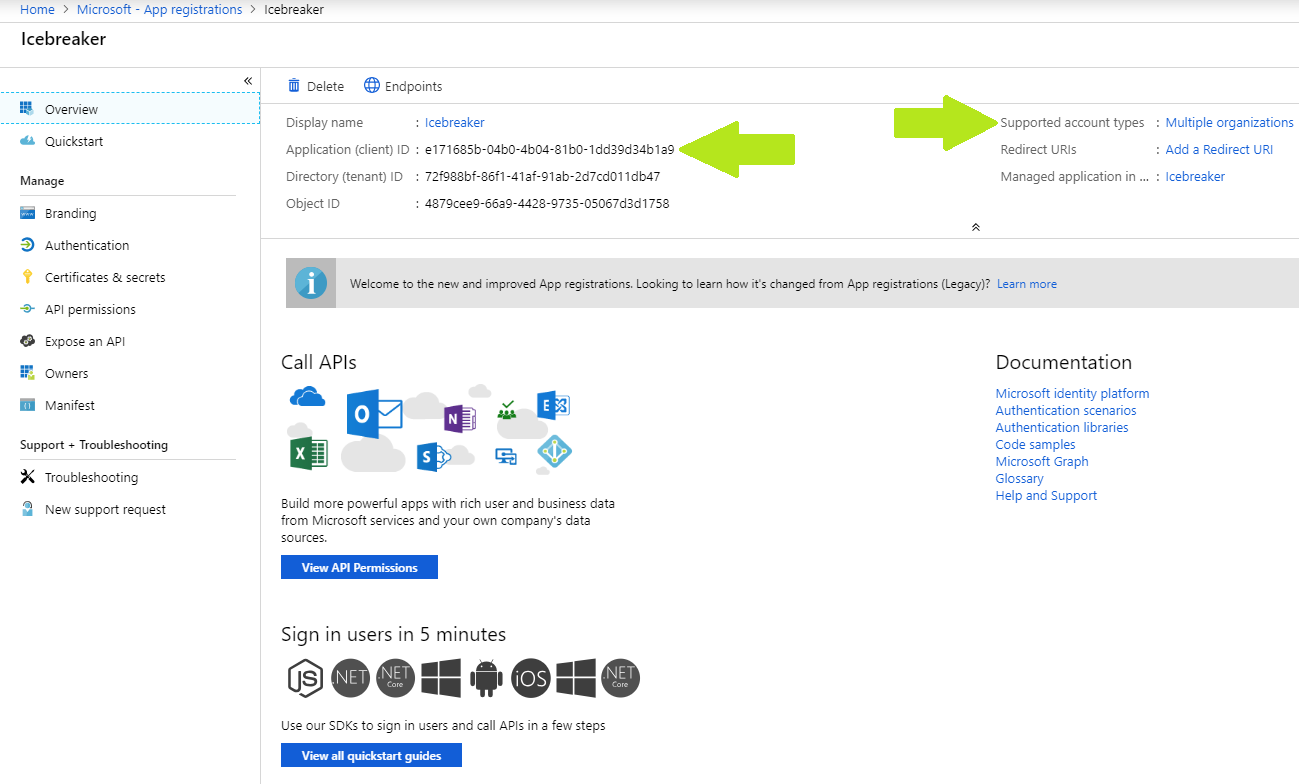 Azure AD app overview page