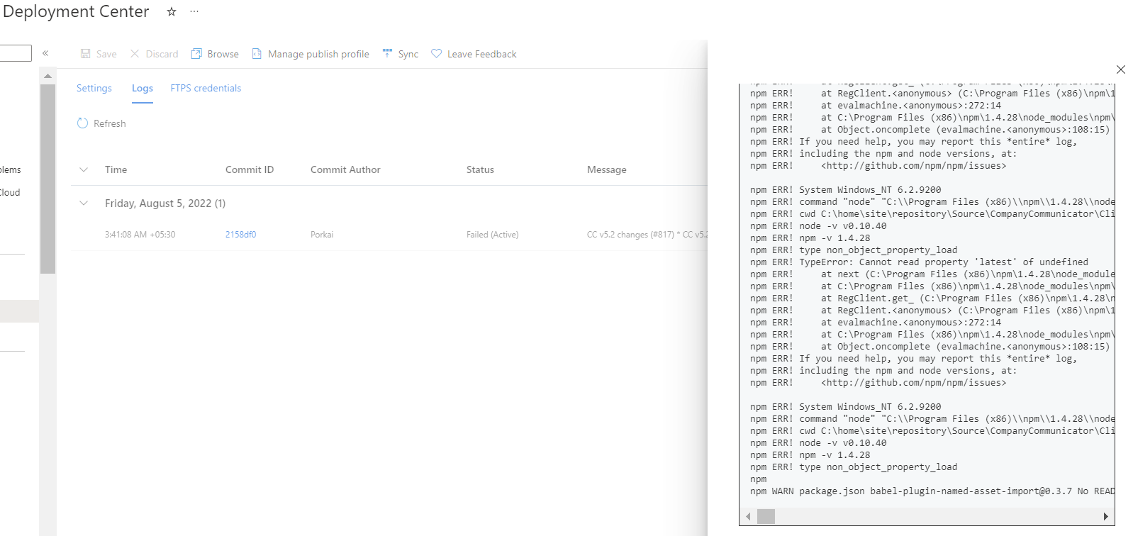 appservice sync deployment error