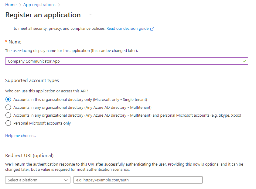 Azure AD app registration page