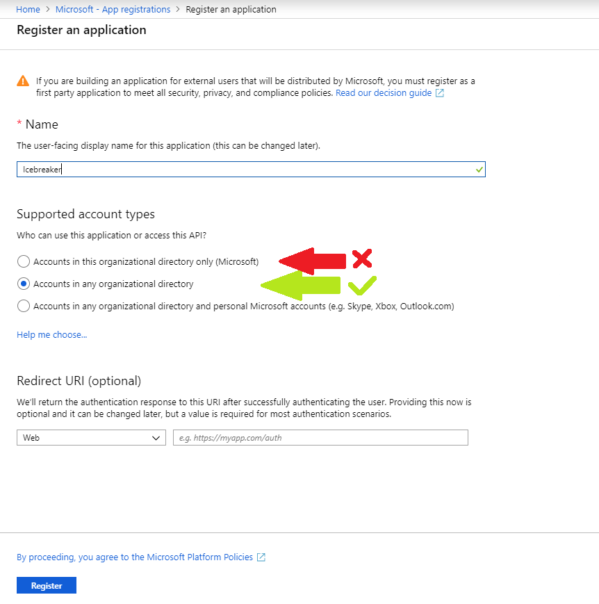 Azure AD app registration page