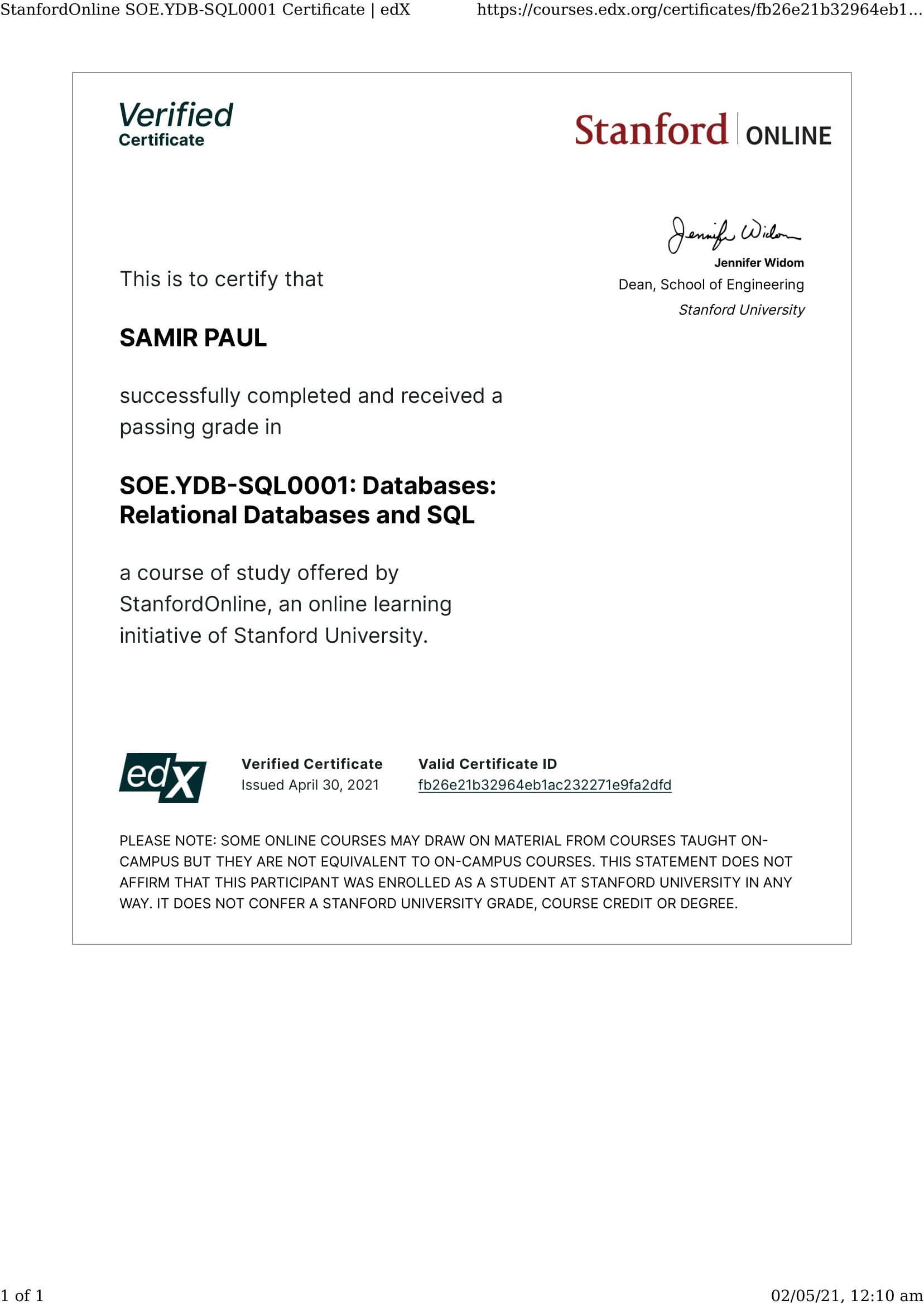 Databases_ Relational Databases and SQL StanfordOnline SOE.YDB-SQL0001 Certificate _ edX-1.jpg