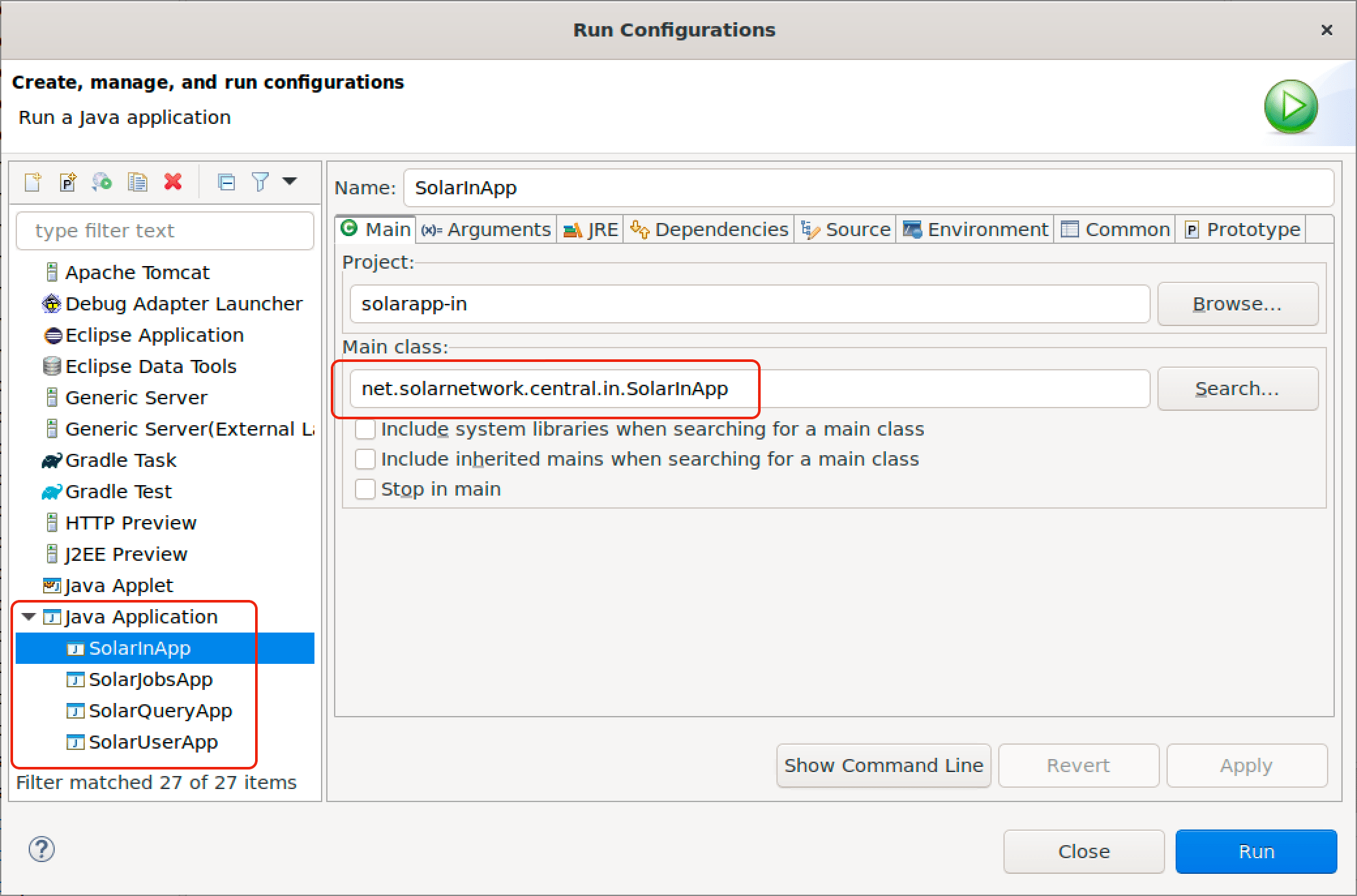 Screen shot of Eclipse SolarNet application launch configurations