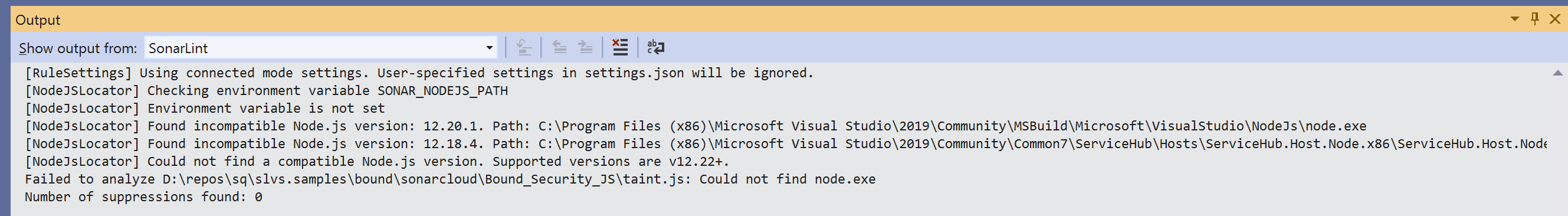 JavaScript TypeScript no supported Node version Output Window screenshot