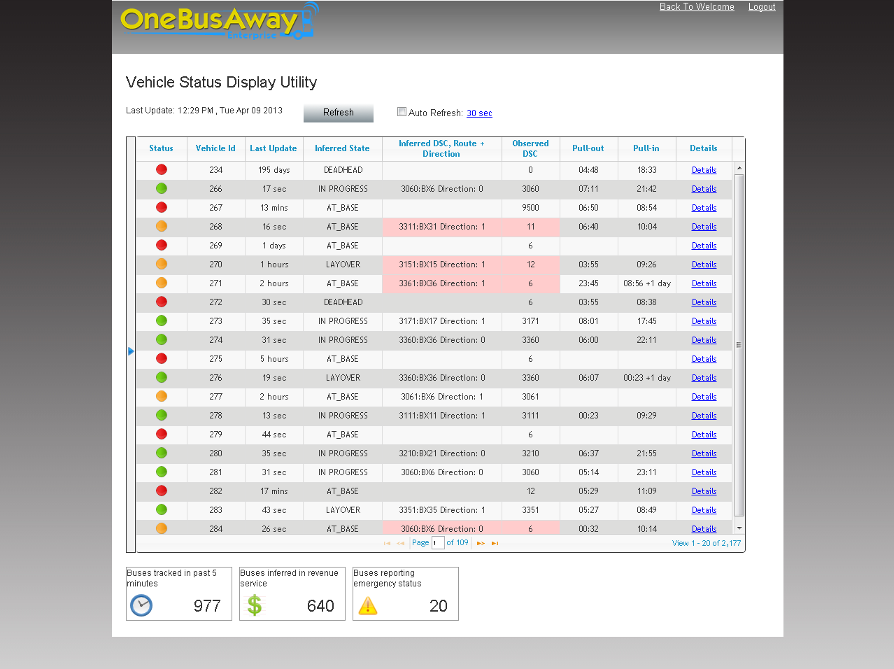 Vehicle Status page