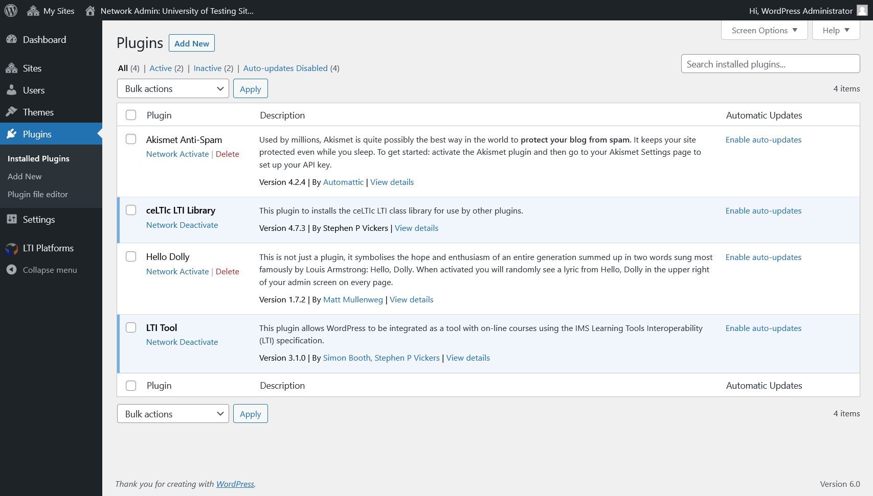 Plugins page in the Admin Dashboard