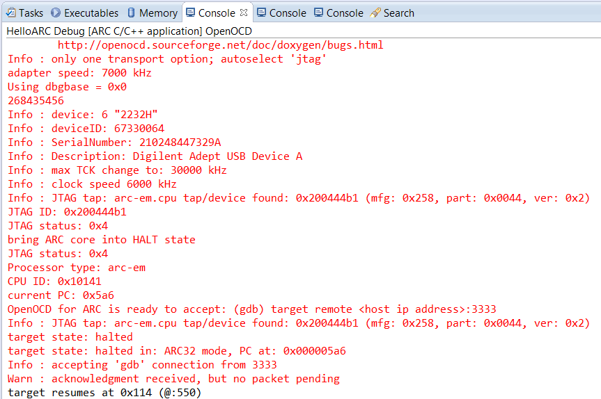 OpenOCD Console Output