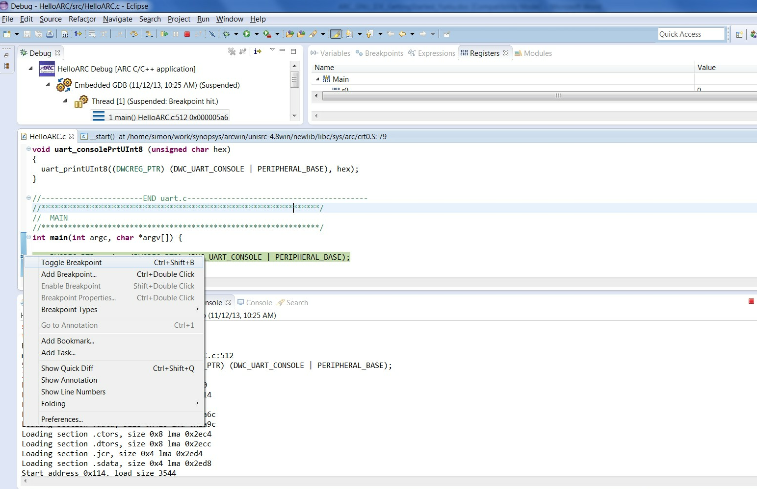 Source File Window in Debug Perspective with Breakpoint Set