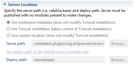 If you have already deployed an application, the Server Location radiobuttons are disabled