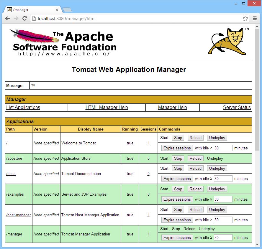 The Tomcat Web Application Manager listing the appstore application