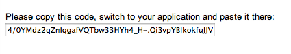 Screenshot of "Please copy this code, switch to your application and paste it there", followed by an alphanumeric code