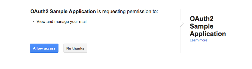 Screenshot of "OAuth2 Sample Application is requesting permission to view and manage your mail"