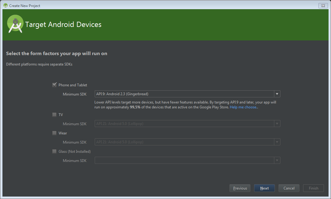 AndroidStudio Wizard Target Devices