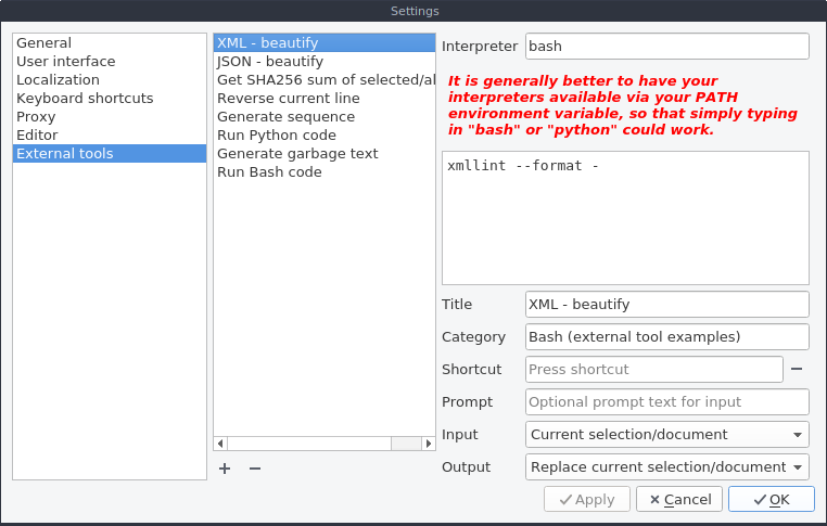 External Tools Settings