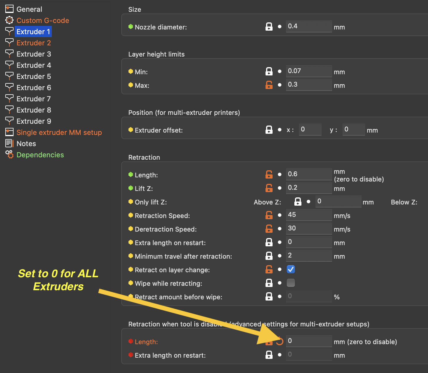 Slicer printer settings per extruder