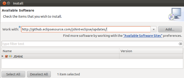 The JSHint installation dialog