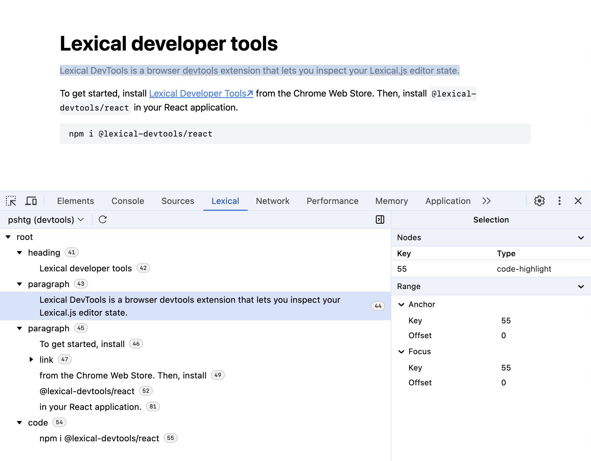 Screenshot of Lexical DevTools