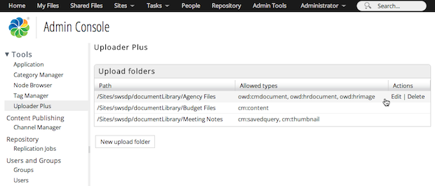 Alfresco uploader-plus: admin interface