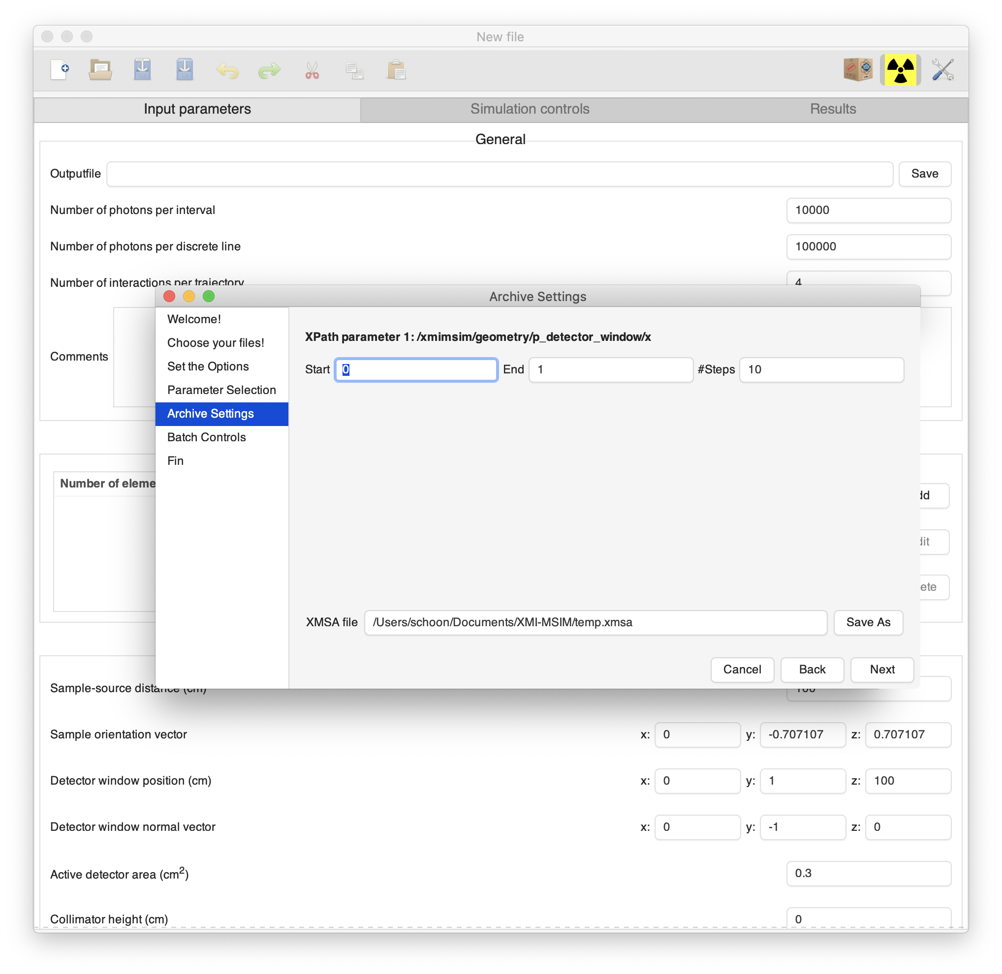 Set the range of the variable parameter(s) and the name of the XMI-MSIM archive file