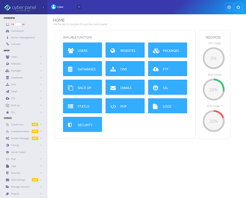 CyberPanel Main Screen